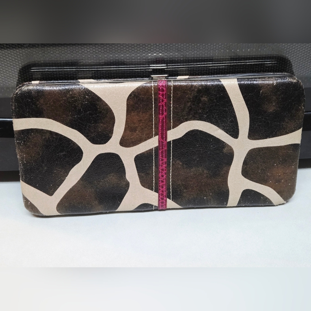 Dark Brown Giraffe Print Hard Case Wallet Hot Pink Interior